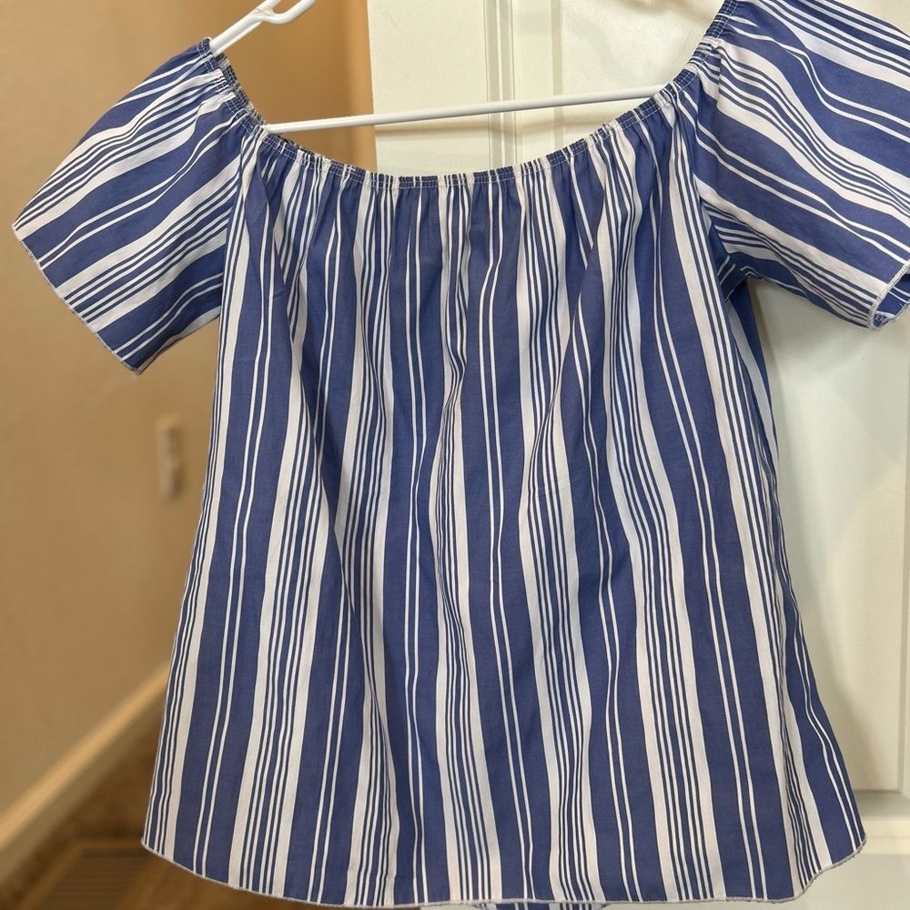 Blue and White Off-Shoulder Short Sleeve Blouse, Size M